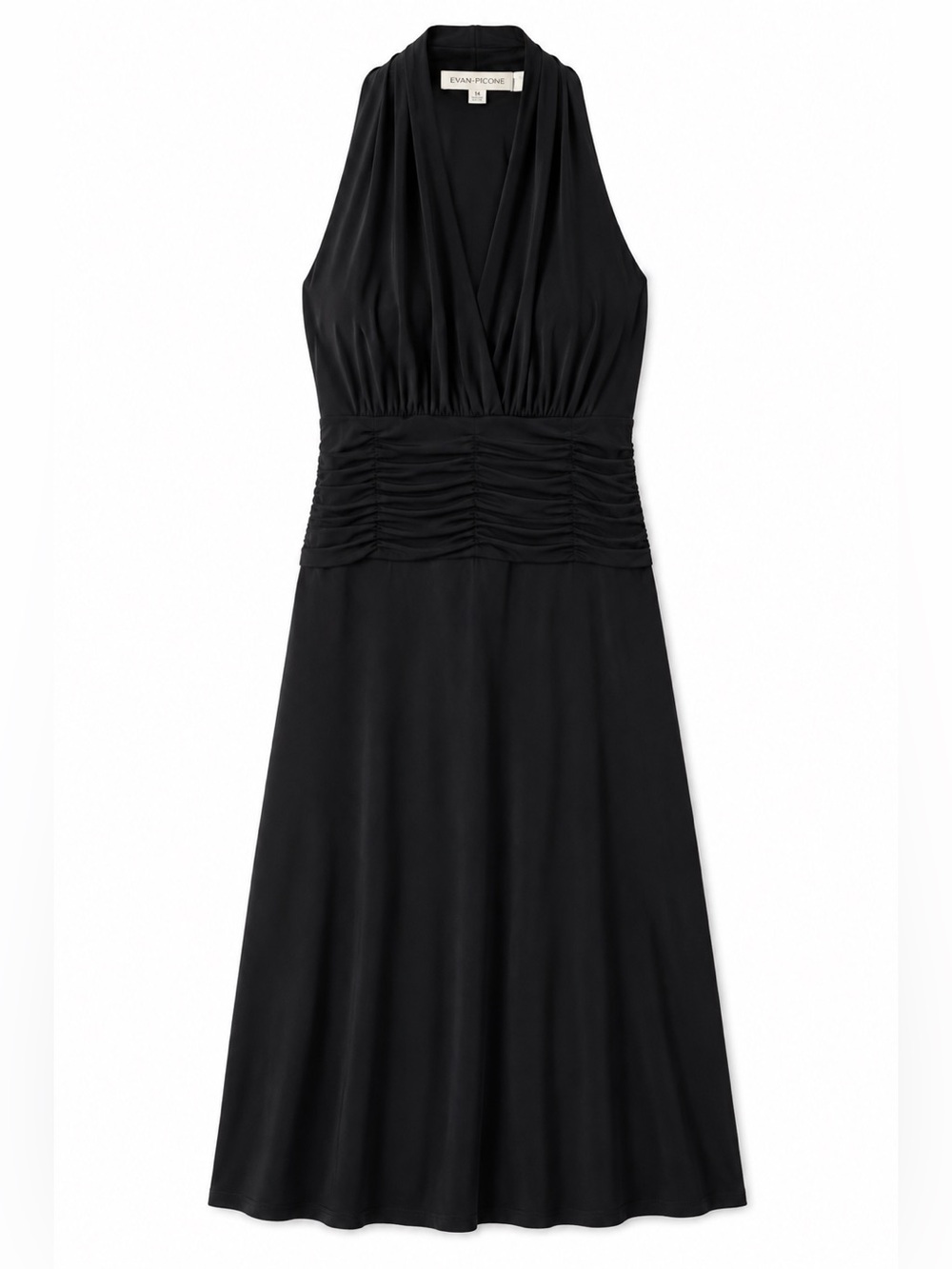 Evan Picone Size 14 Black Deep V Neck Halter Ruched Waist A-Line Cocktail Dress - Picture 3 of 8